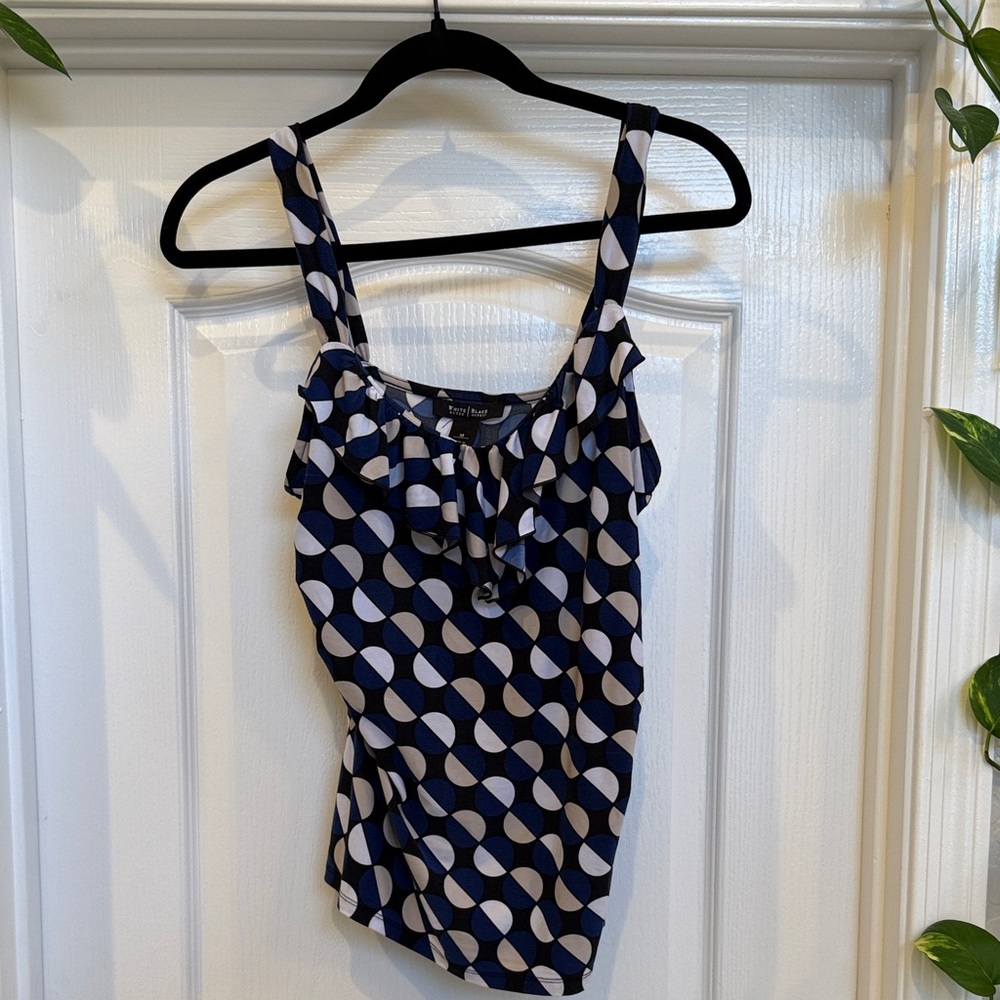 White House Black Market Blue and White Geometric Top